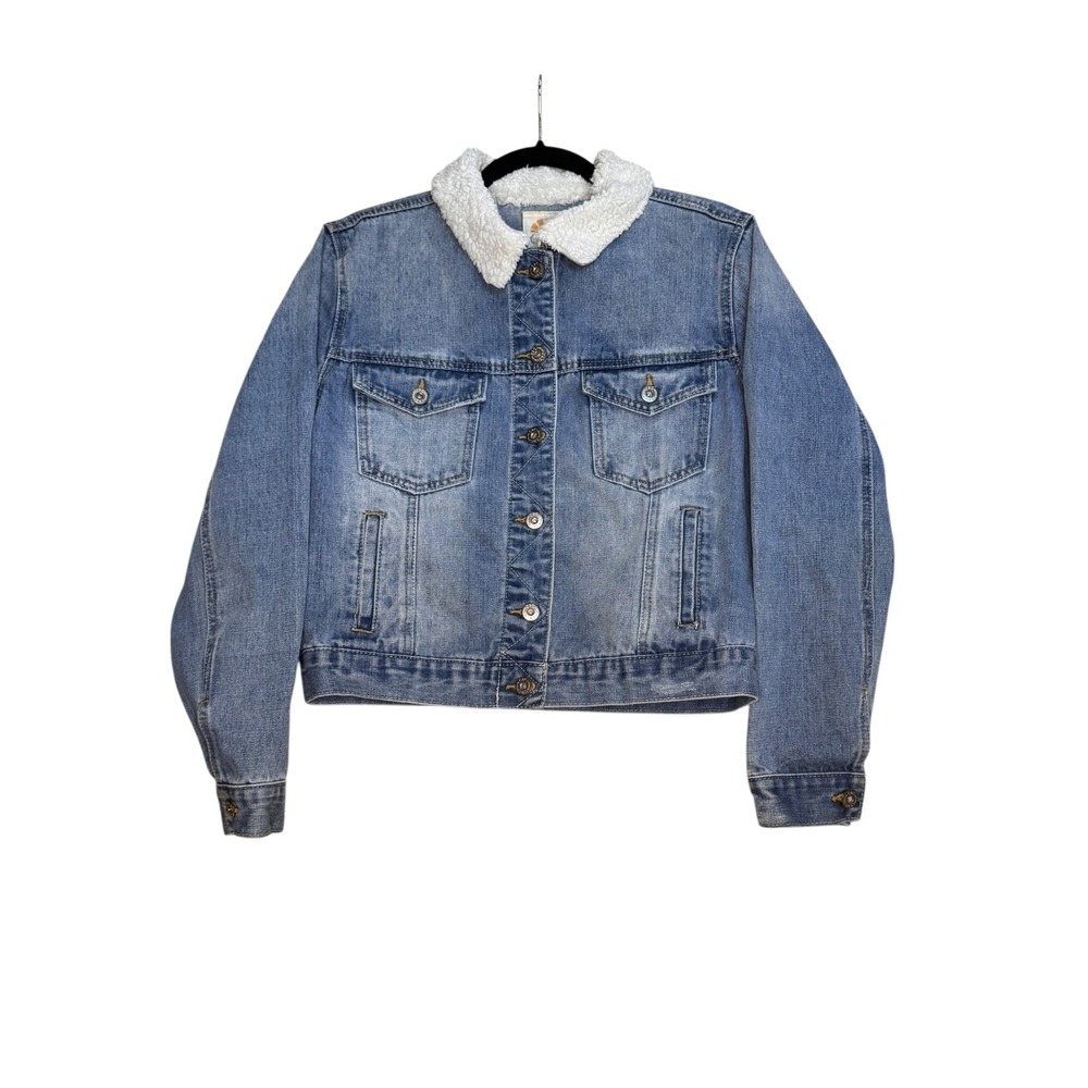 C&C California Denim Jean Jacket Medium Blue‎ Button Down Pockets Sherpa Collar